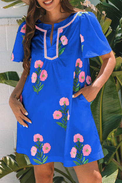 Easter Floral Split Neck Short Sleeve Mini Dress