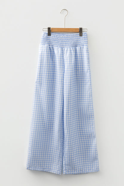 Plaid Smocked High Waist Wide Leg Casual Pants