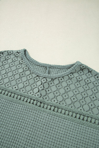Mist Green Lace Patchwork Waffle Knit Summer Top