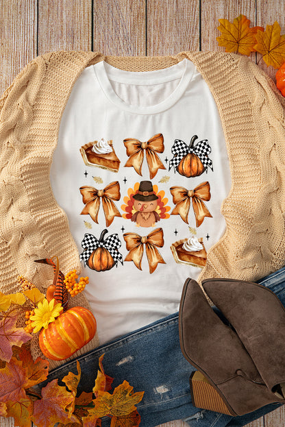 White Bow Turkey Pumpkin Pie Thanksgiving Graphic T Shirt