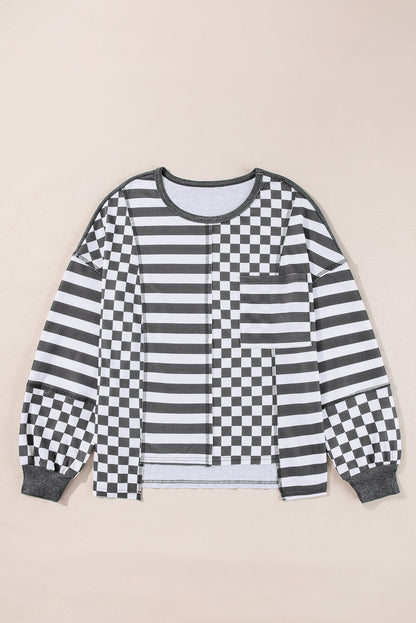 Checkerboard Striped Patchwork Lantern Sleeve Pocketed Blouse