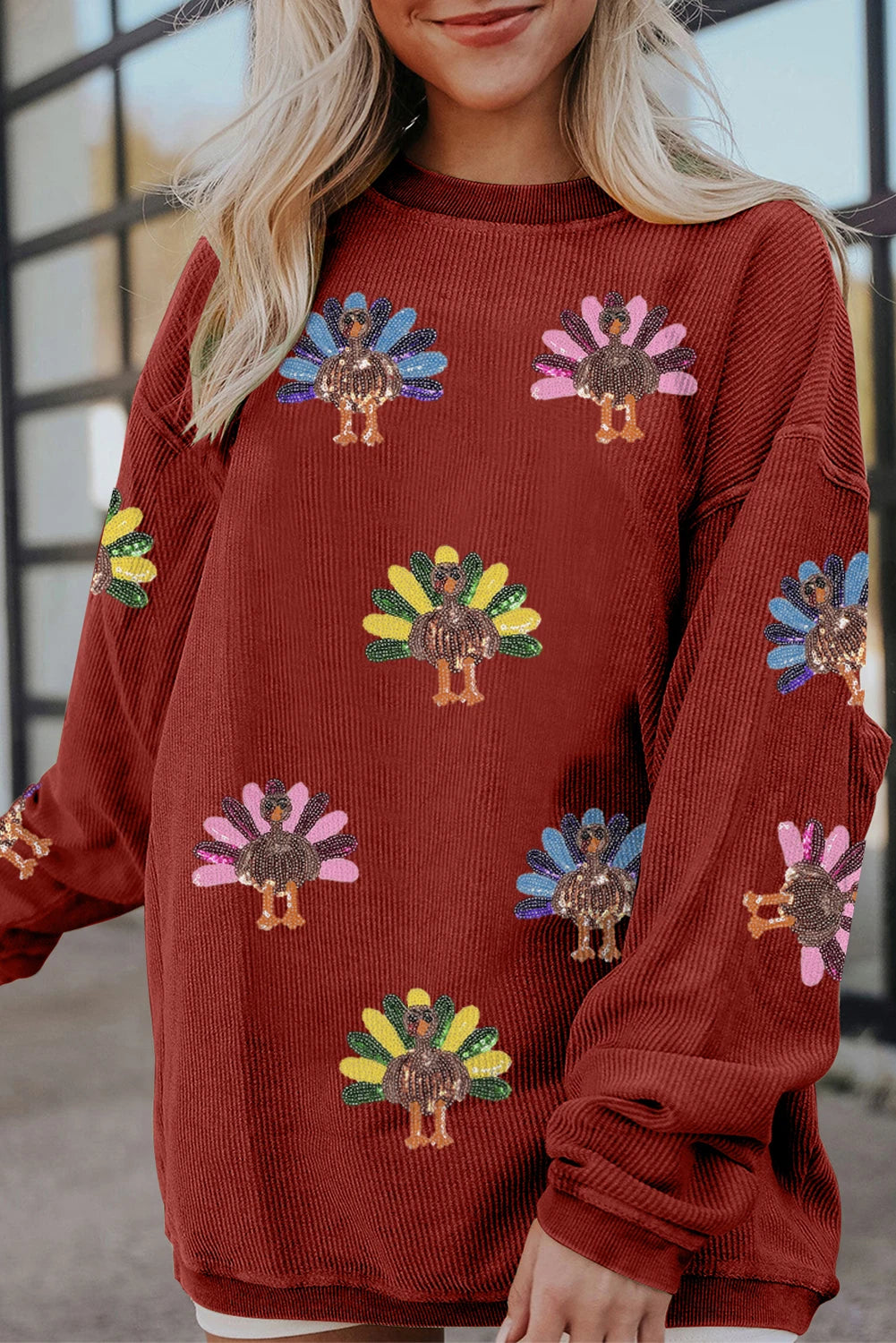 Sequined Turkey Corded Oversized Thanksgiving Sweatshirt