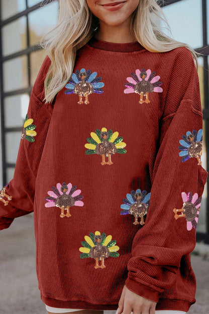Sequined Turkey Corded Oversized Thanksgiving Sweatshirt