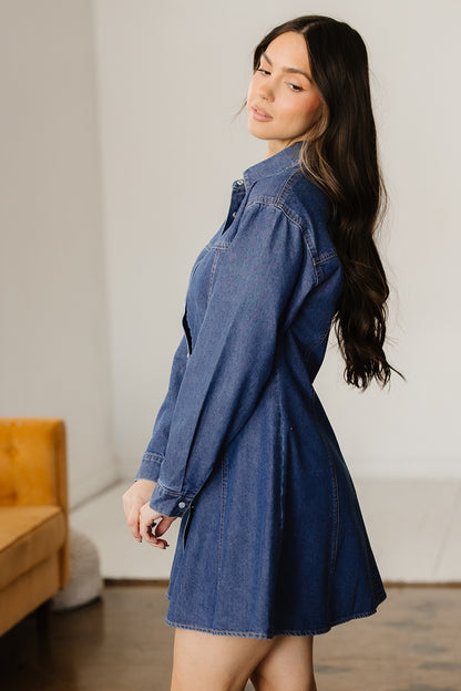 Ashleigh Blue Denim Shirt Collar Long Sleeve Flared Dress