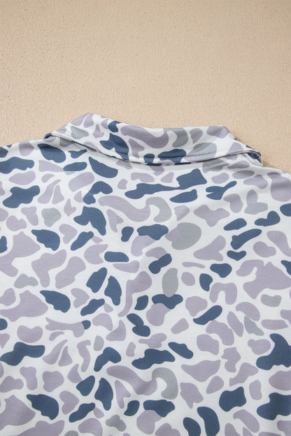 Camo Zip Collar Pullover Sweatshirt with Kangaroo Pocket
