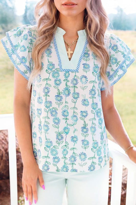Blue Floral V Neck Short Sleeve Blouse Summer Top