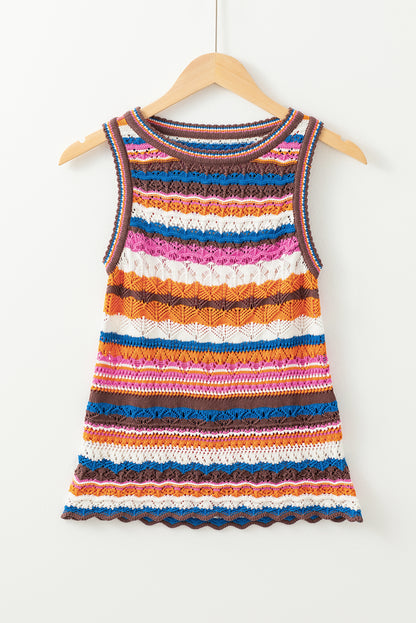 Boho Striped Crochet Knit Tank Sleeveless Sweater