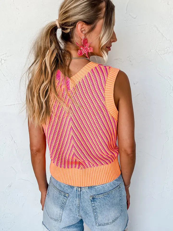 Color Block Chevron Knit Sweater Vest V Neck Top