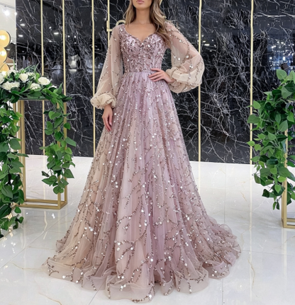 Women's Beaded V-Neck Puff Sleeve Formal Evening Gown