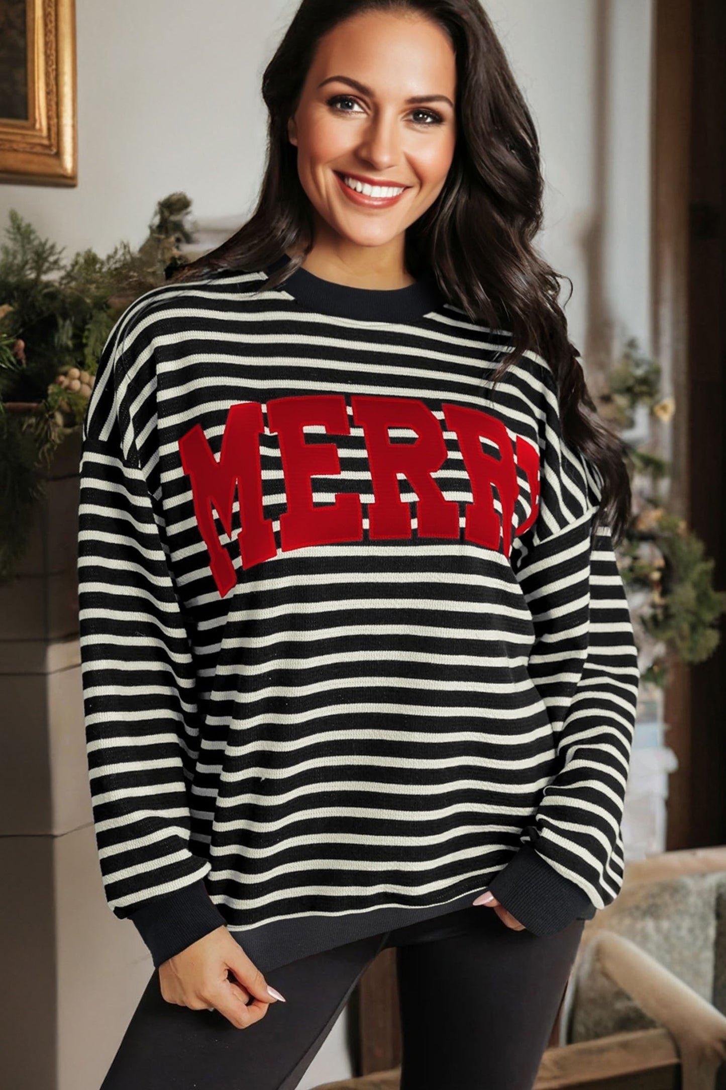 Black Striped MERRY Christmas Sweatshirt Drop Shoulder Pullover