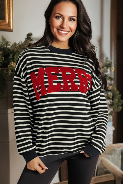 Black Striped MERRY Christmas Sweatshirt Drop Shoulder Pullover