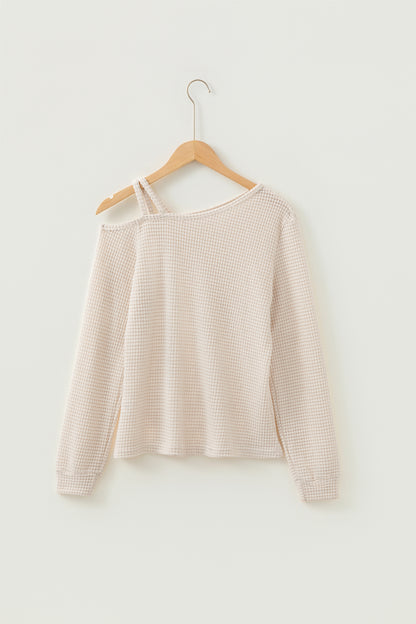 Textured Knit Asymmetrical Shoulder Long Sleeve Top