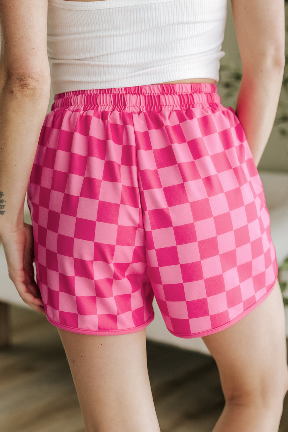 Checkered Drawstring High Waist Casual Lounge Shorts