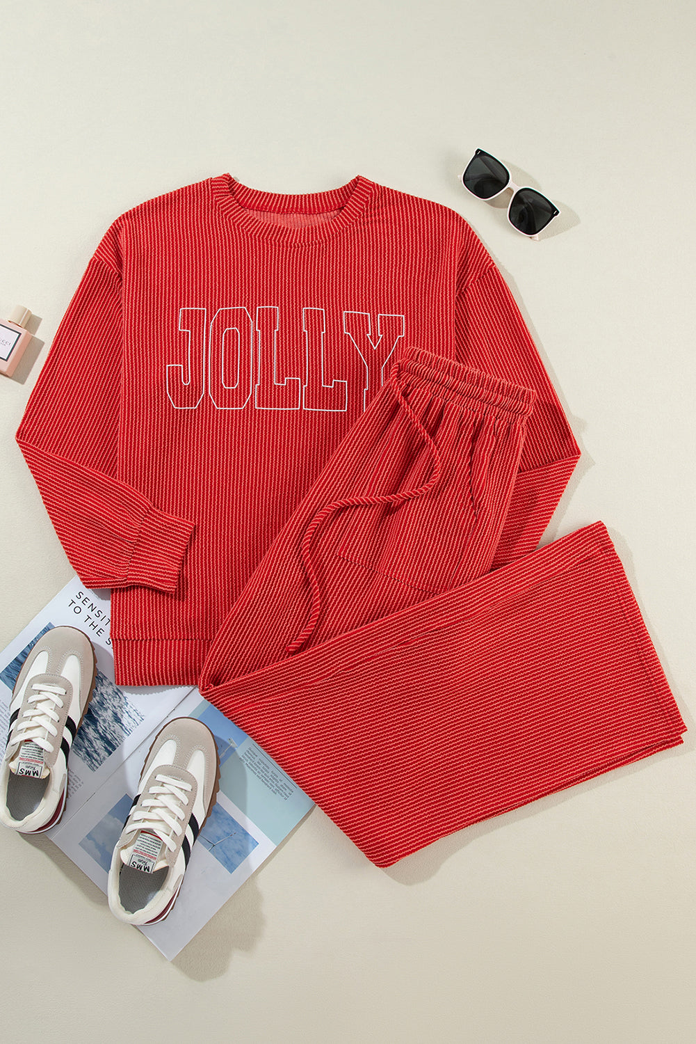JOLLY Ribbed Knit Long Sleeve Top and Pants Set
