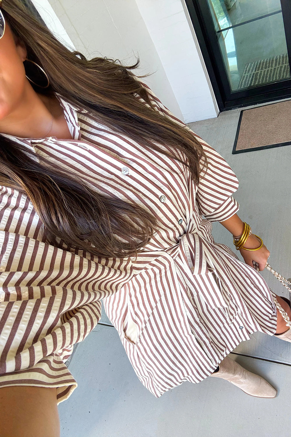 Brown Stripe Knot Waist Puff Sleeve Button Down Shirt Dress