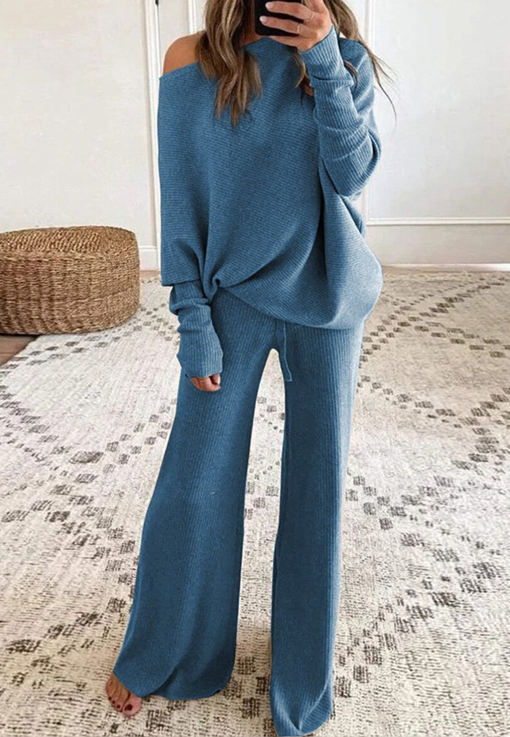 Women's Off Shoulder Knit Sweater Wide Leg Pants Lounge Set