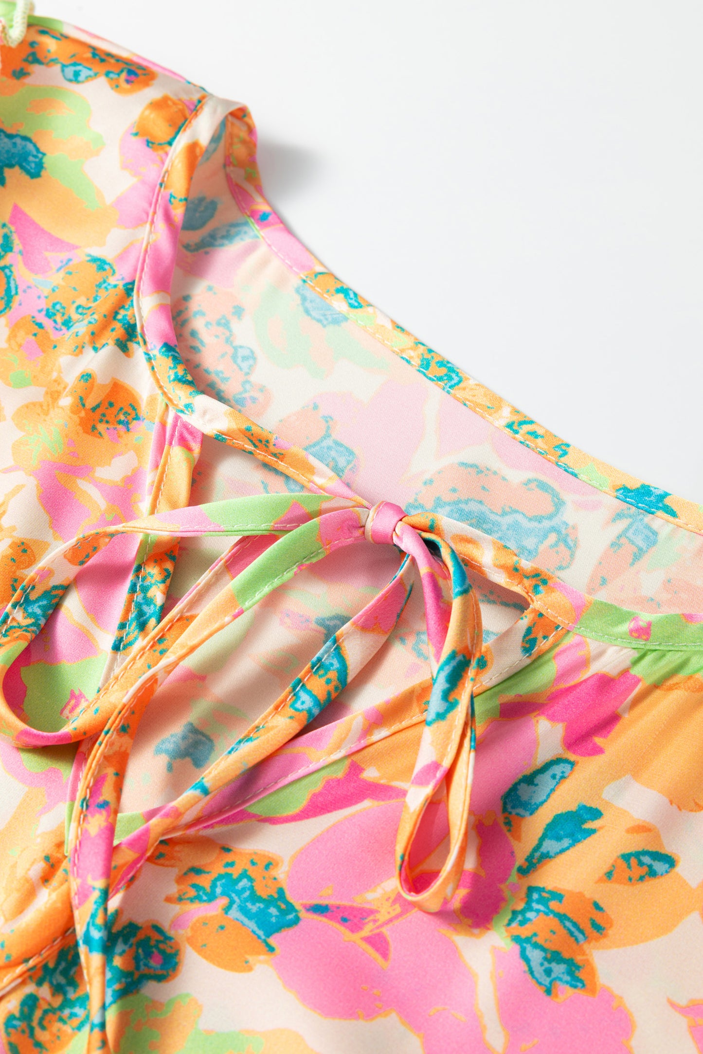 Orange Floral Split V Neck Short Sleeve Peplum Blouse