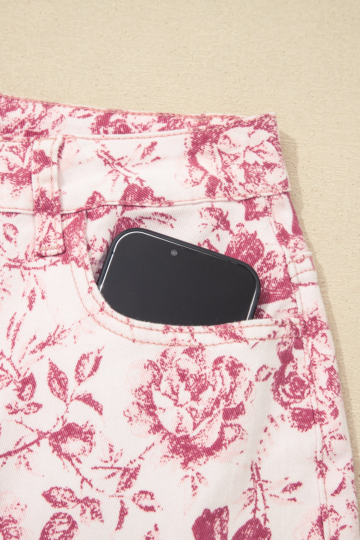 Pink Vintage Floral Print Wide Leg Denim Pants