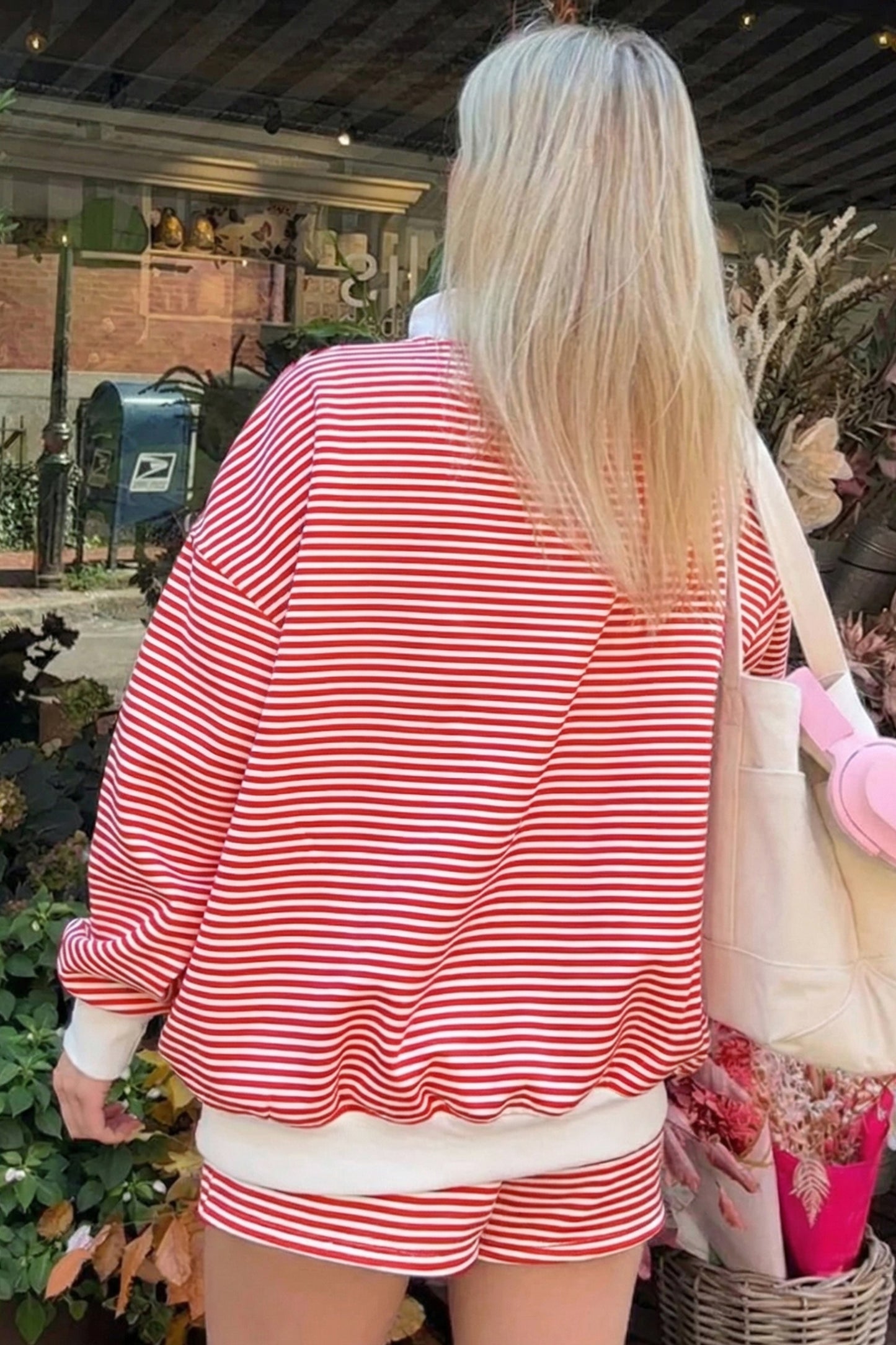 Pink Stripe Oversized Mock Neck Sweatshirt Shorts Set