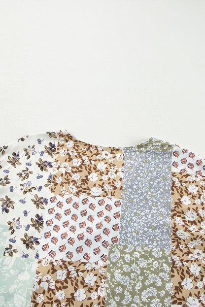 Floral Patchwork Print Button Front Puff Sleeve Blouse
