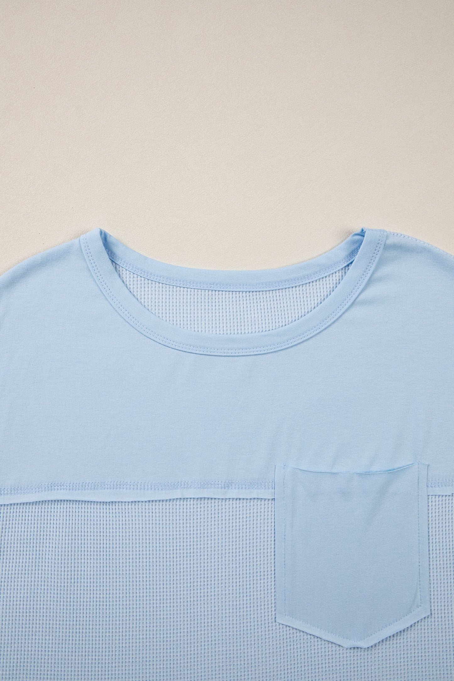 Waffle Knit Patchwork Pocket Loose Fit Casual T Shirt
