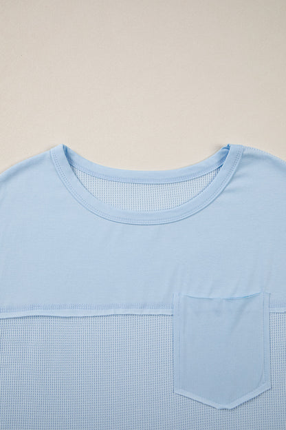 Waffle Knit Patchwork Pocket Loose Fit Casual T Shirt