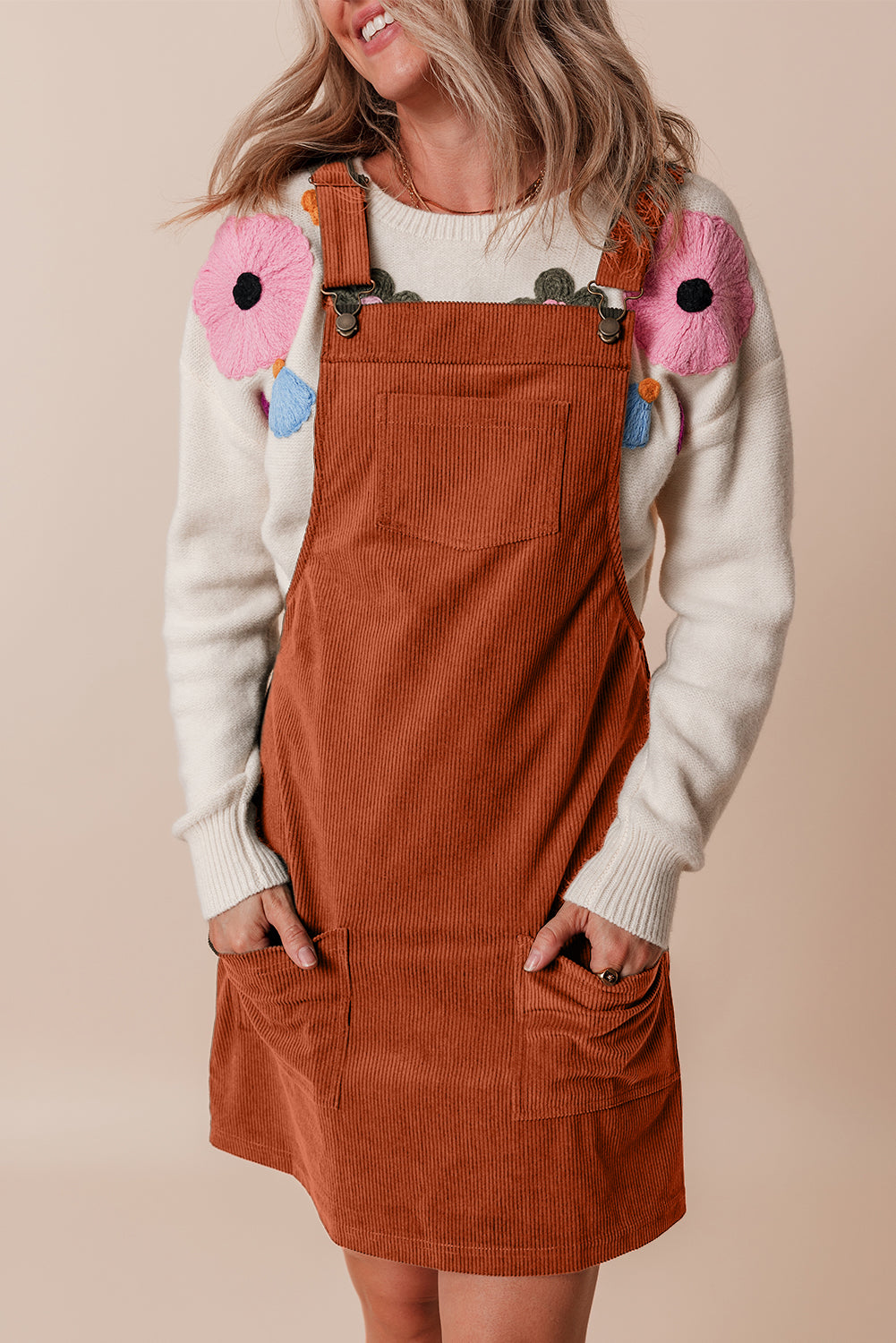 Sleeveless Corduroy Jumper Dress with Utility Pockets