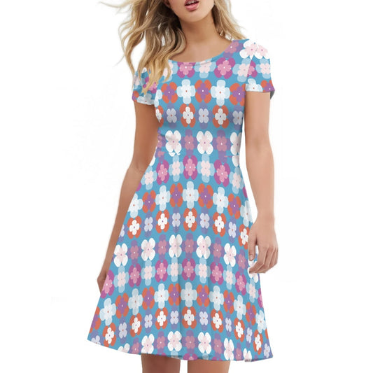 Short Sleeve Round Neck Dress Blue