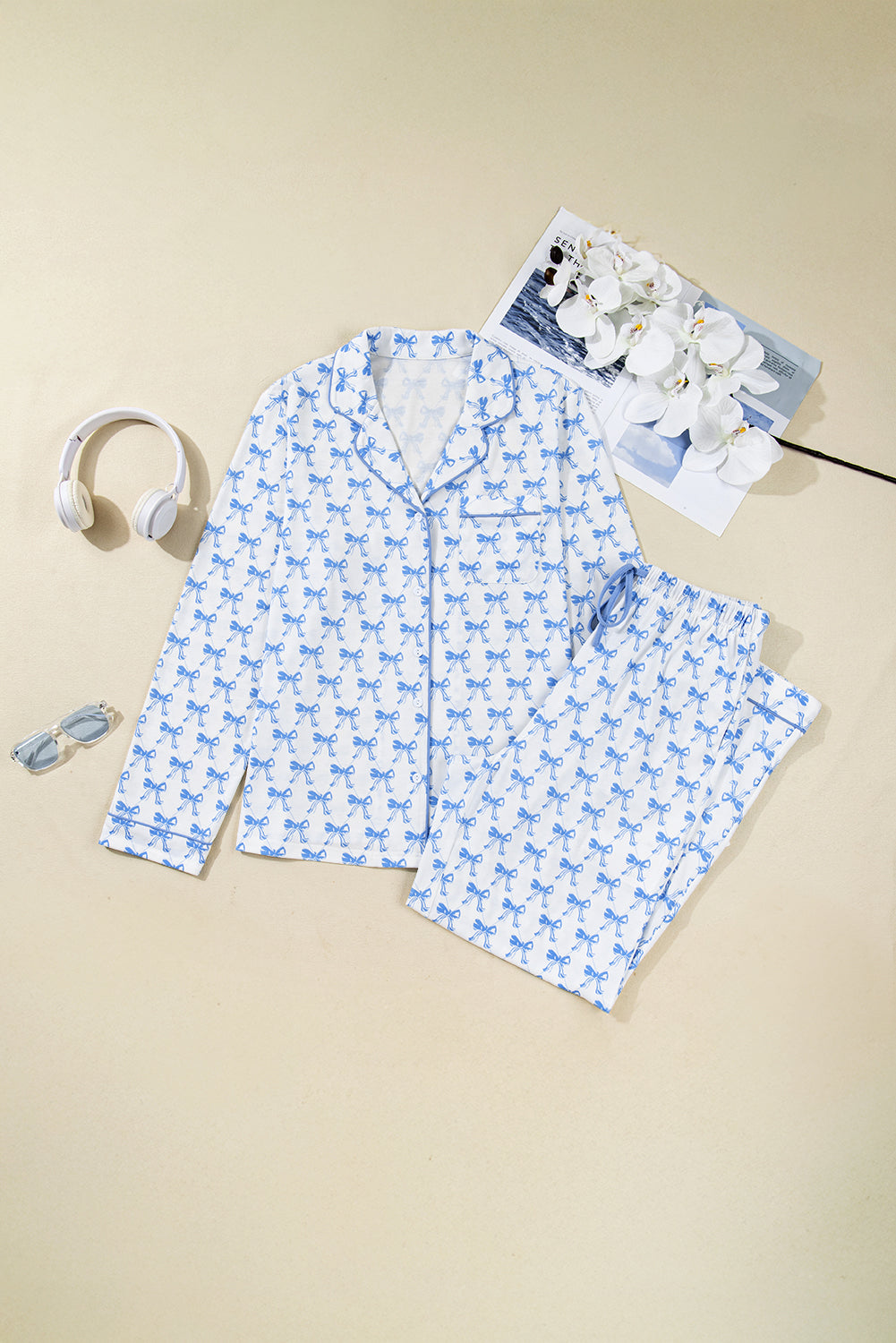 Soft Bow Print Long Sleeve Pajama Set with Pants
