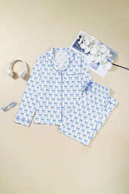 Soft Bow Print Long Sleeve Pajama Set with Pants