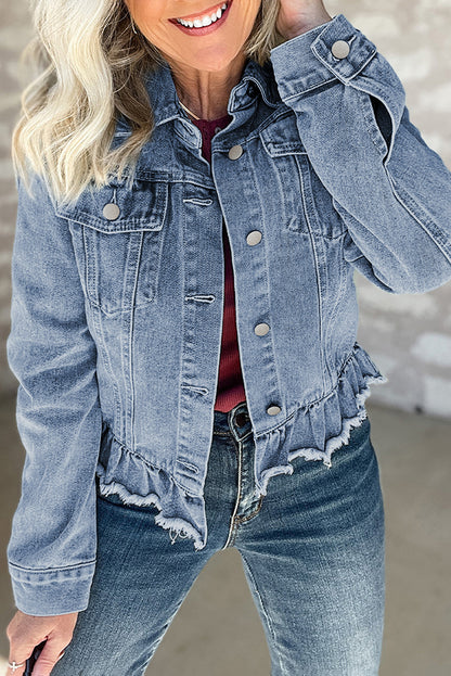 Beau Blue Ruffle Raw Hem Flap Pocket Denim Jacket