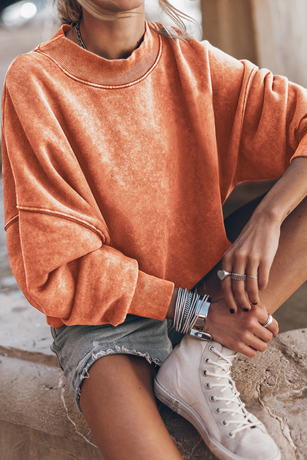 Orange Washed Drop Shoulder Crewneck Sweatshirt Oversized