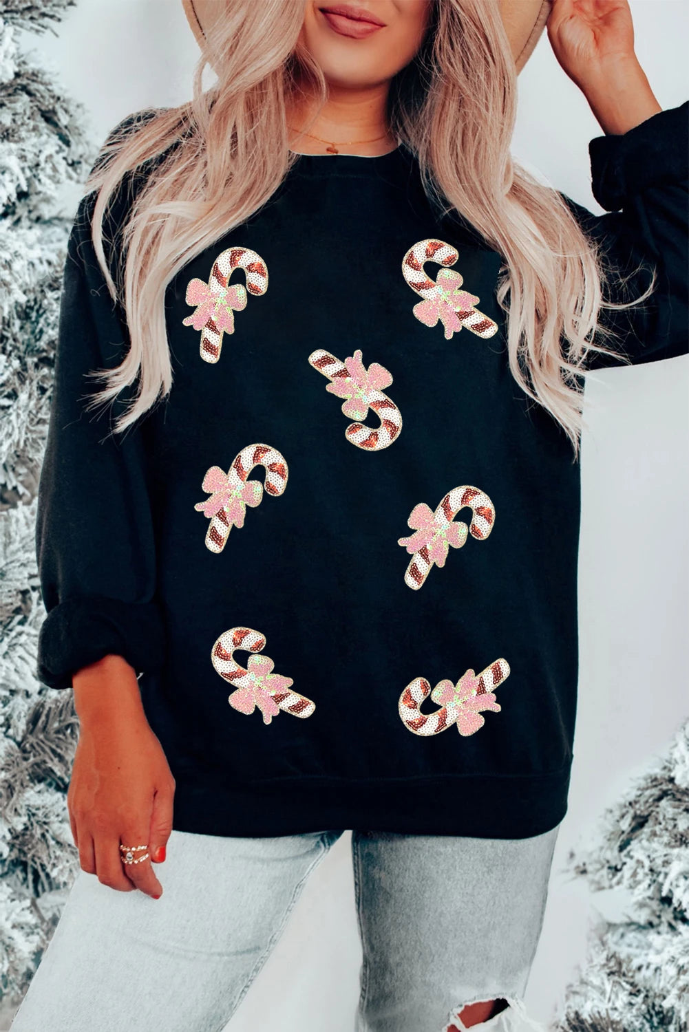 Black Christmas Candy Cane Sequin Patch Baggy Sweatshirt