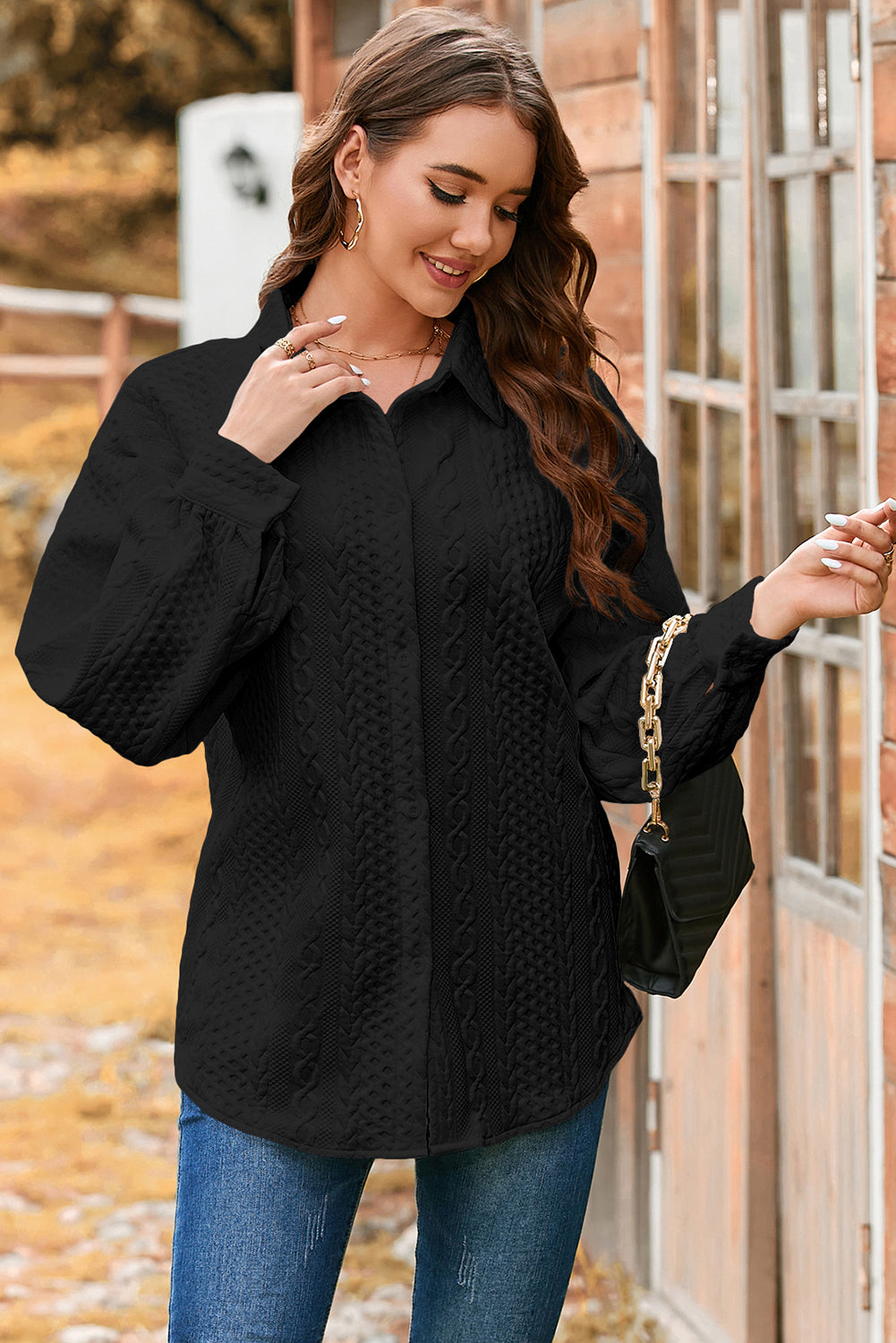 Women’s Cable Knit Texture Button Down Loose Shacket