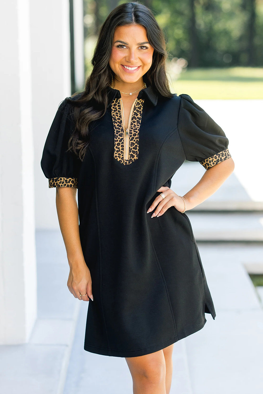 Leopard Trim Zip Neck Mini Dress Women Puff Sleeve