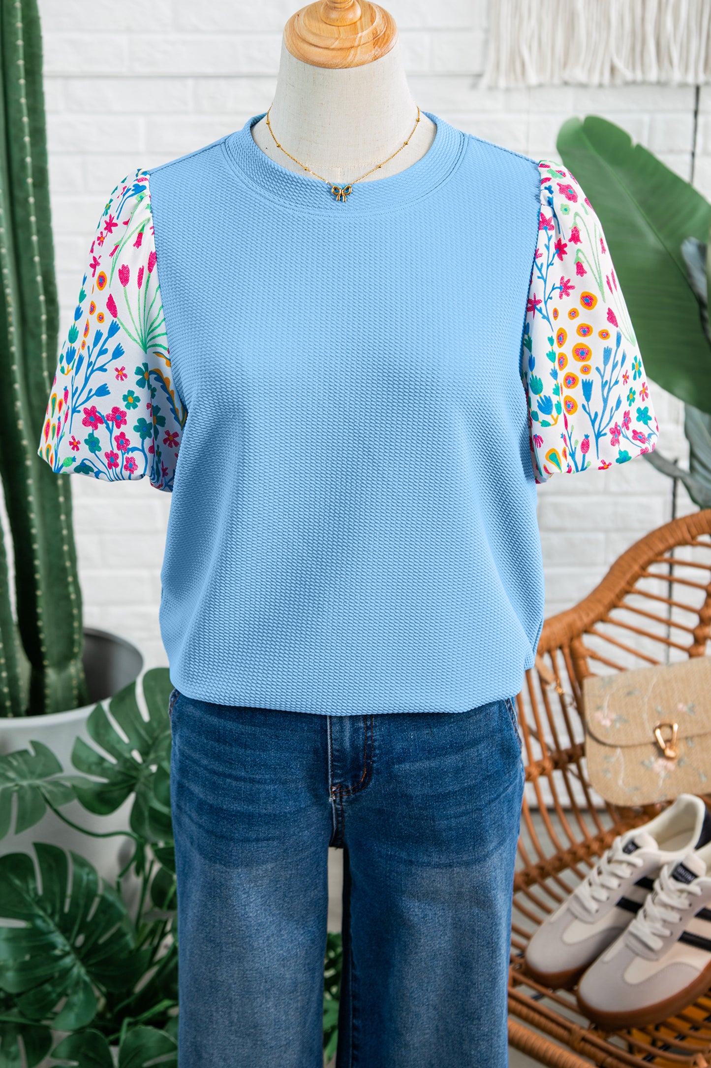 Blue Textured Floral Puff Sleeve Blouse