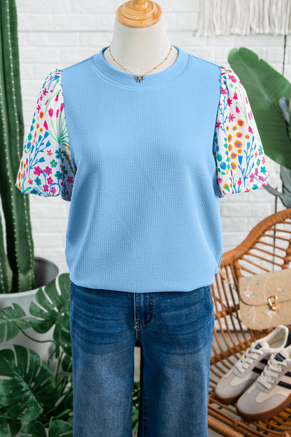 Blue Textured Floral Puff Sleeve Blouse