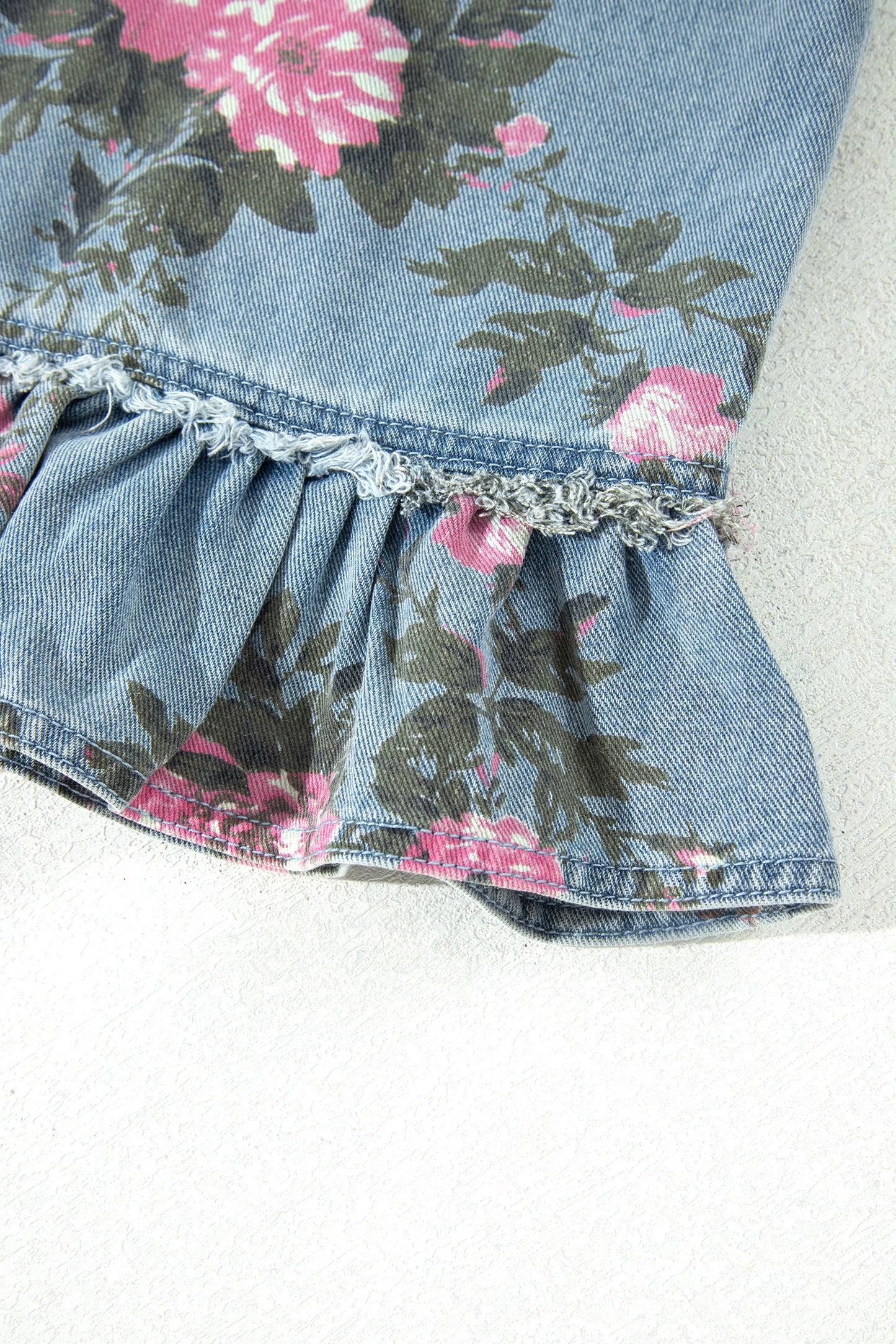Floral Denim Jacket Ruffle Hem Puff Sleeve Cropped