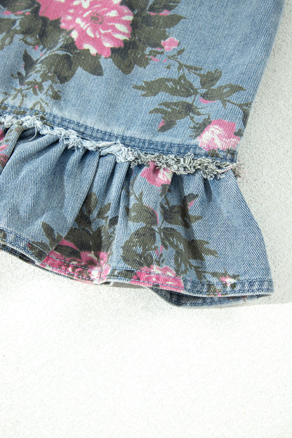 Floral Denim Jacket Ruffle Hem Puff Sleeve Cropped