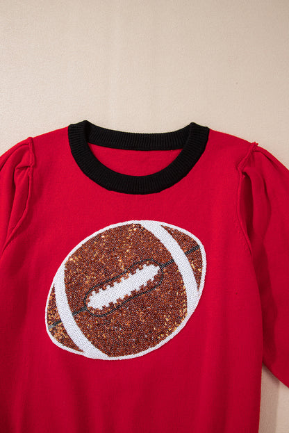 Red Sequin Rugby Color Block Puff Short Sleeve Sweater