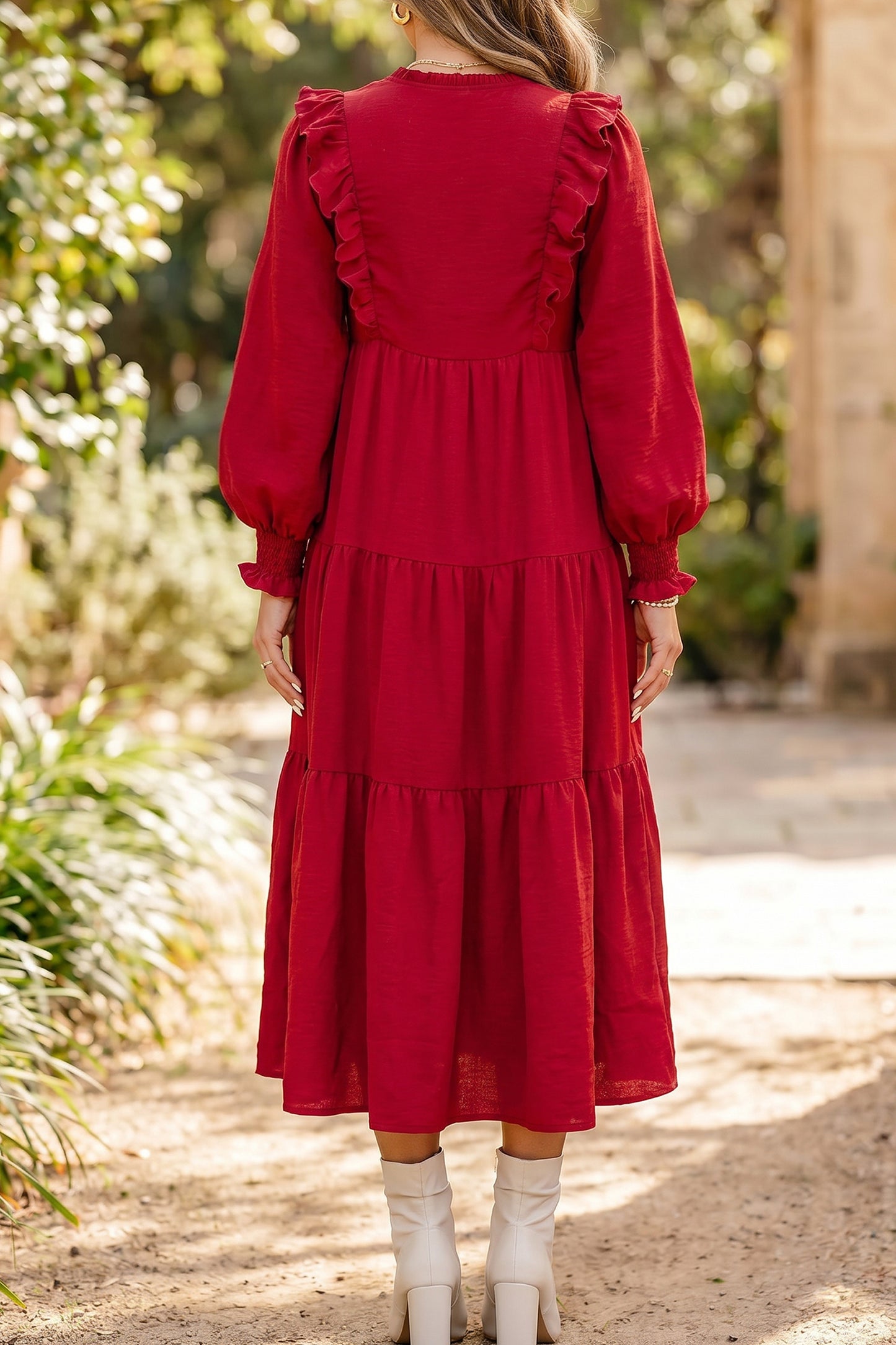 Red Ruffle V-Neck Long Sleeve Tiered Midi Dress
