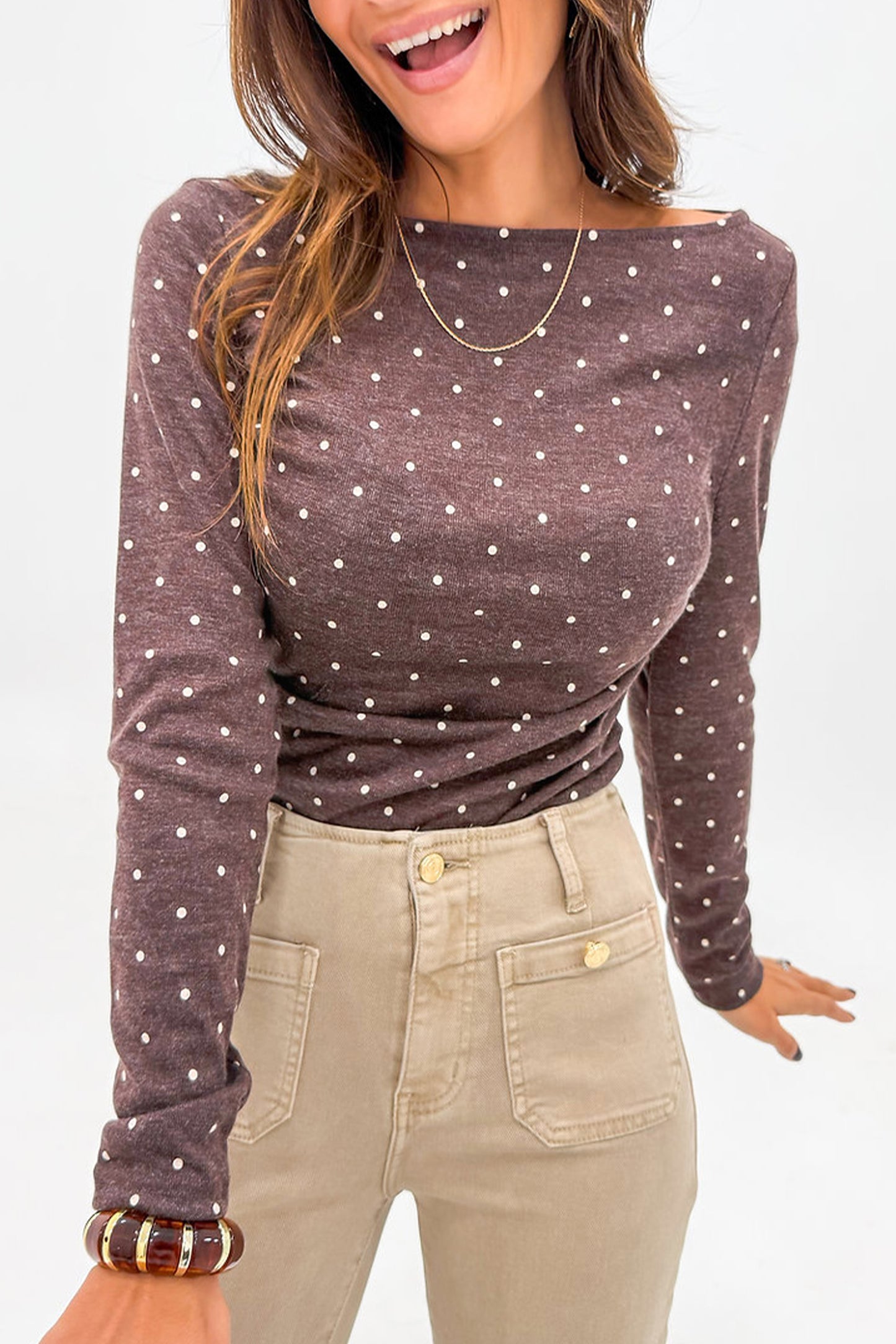 Dark Brown Polka Dot Boat Neck Long Sleeve Knit Top