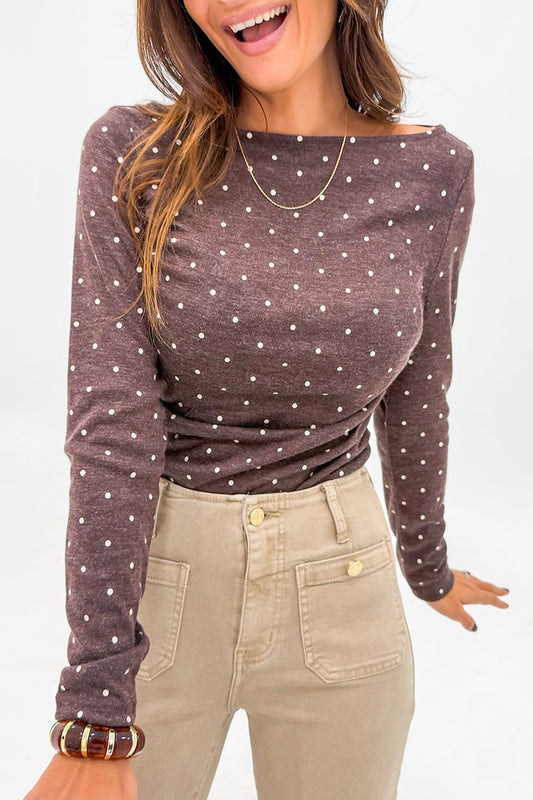 Dark Brown Polka Dot Boat Neck Long Sleeve Knit Top