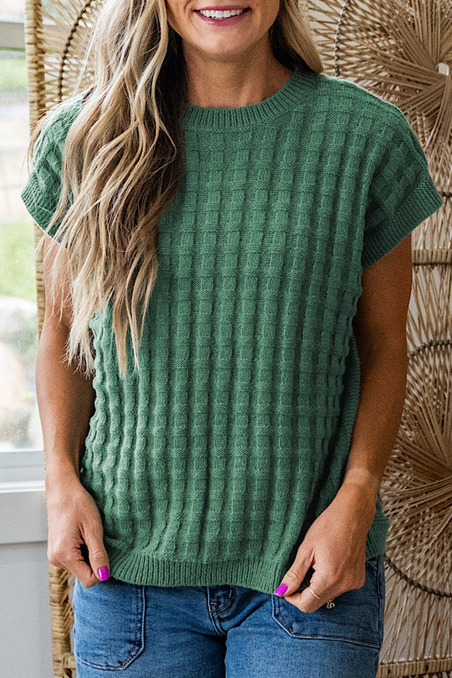 Mist Green Textured Knit Short Sleeve Sweater Top