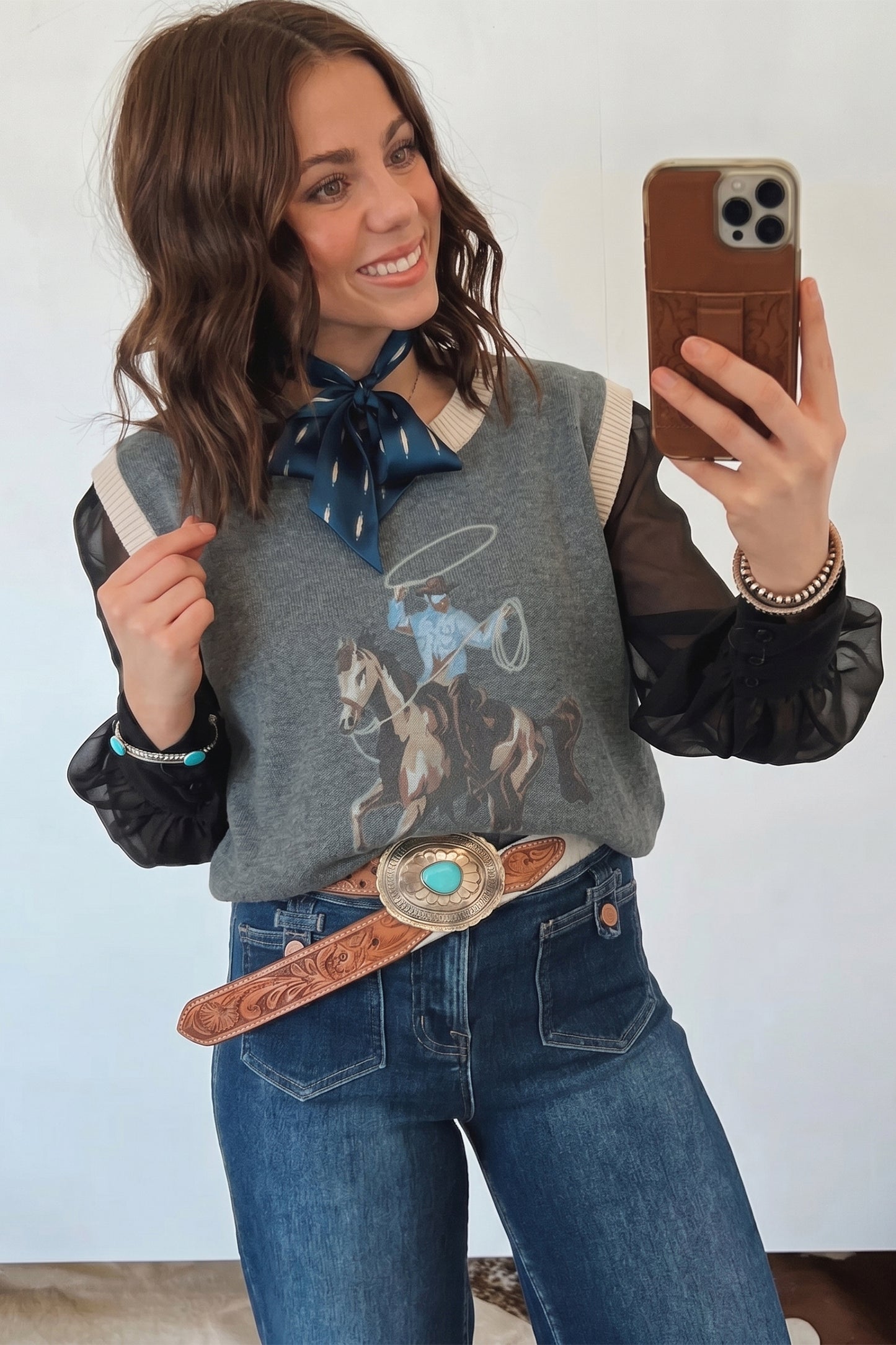 Khaki Western Cowboy Horse Print Knit Sweater Vest