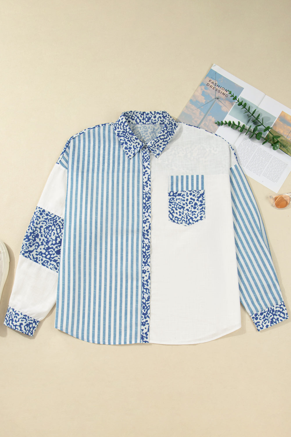 Sky Blue Striped Leopard Patchwork Cotton Plus Shirt