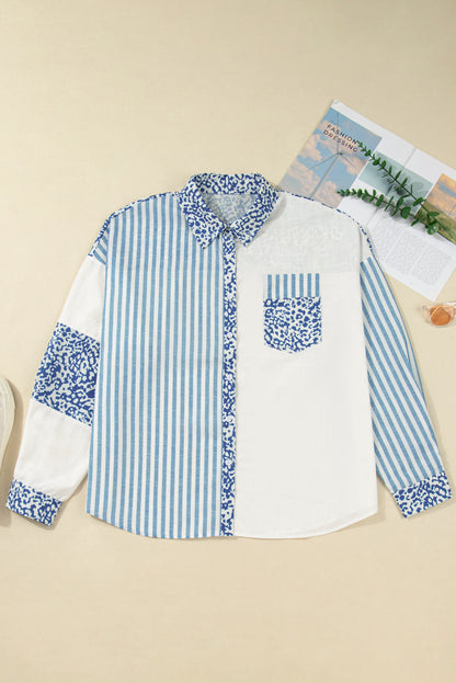 Sky Blue Striped Leopard Patchwork Cotton Plus Shirt