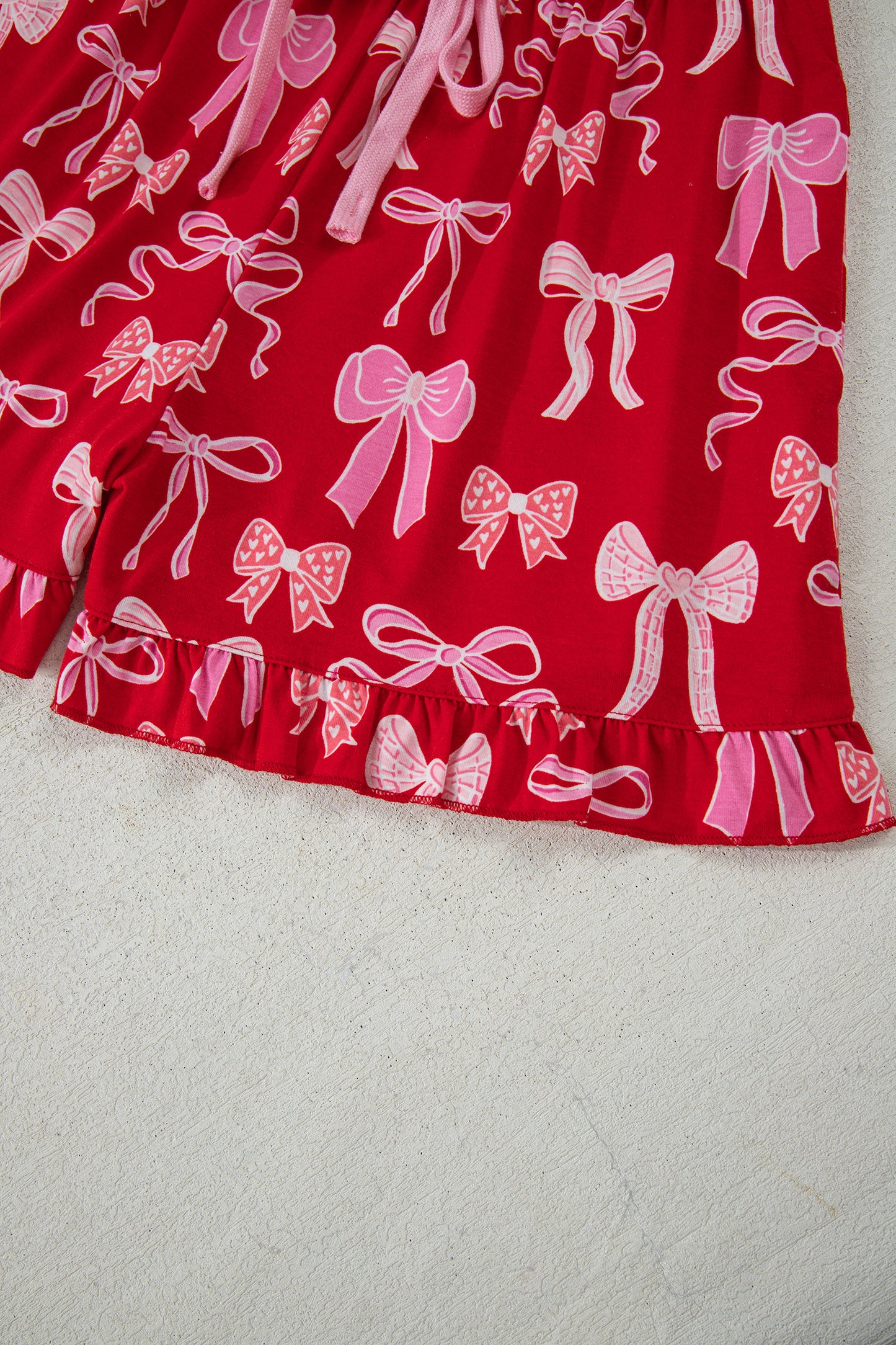 Valentine Red Bow Print Ruffle Pajama Shorts Set for Women