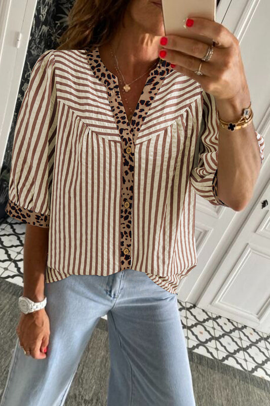 Brown Stripe V Neck Button Down Top with Leopard Trim Detail