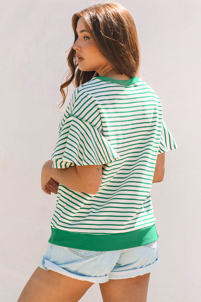 Green Striped Ruffle Sleeve Contrast Casual Top